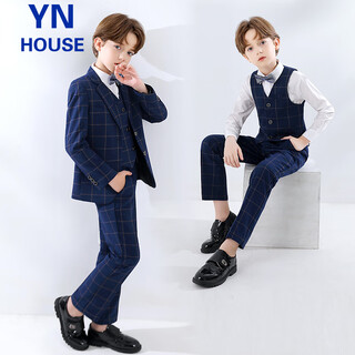 衣诺坊儿童西服套装演出服男童主持人西装花童礼服 藏青格子套装 120码