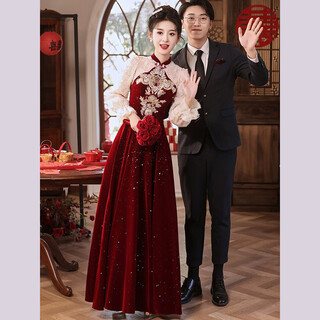 Li baixin chinese style cheongsam toasting dress 2025 new bride wedding luxury autumn and winter red wedding dress engagement dress spring burgundy long style xl recommended 110-120jin jin equals 0.5 kg