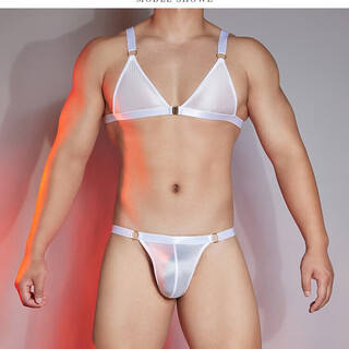 Gay men's metal ring suspender three-point style japanese and korean style male passion temptation suit sexy thong transvestite white top + white underwear