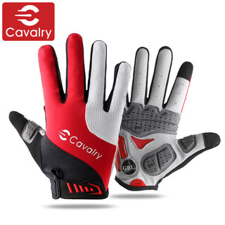 Cavalry bicycle silicone full finger gloves men's and women's long finger road mountain bike shock absorbing gloves cycling equipment full finger - red and white m