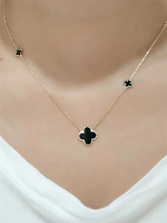 Muqian korean popular pure 14k gold four-leaf flower necklace for women 14k gold grass necklace clavicle chain versatile style 3 flowers black 42cm