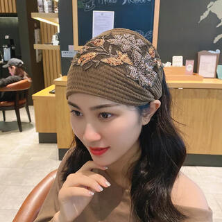 Scarf, hair accessories, woolen knitted headband, wide-brimmed autumn and winter warm headscarf for women, ear protection, headband to cover gray hair, rose-khaki color