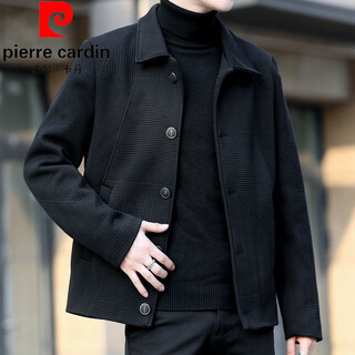 Pierre cardin men's high-end short lapel jacket spring and autumn casual business color-blocked executive plaid buttoned top black regular xl 120-135jin jin equals 0.5 kg