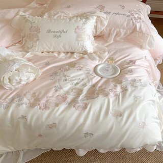 Mercury series light luxury french cotton four-season new 200-count cotton bed four-piece set princess style embroidered flower bedding quilt cover miu-cotton-romanticism-pink category a maternal and infant grade bed sheet 1.8 meters suitable for quilt core 200*230