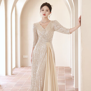 Li baixin champagne color evening dress women's new high-end sense temperament light luxury niche high-end host sequined chorus performance clothing champagne color l recommended 100-110jin jin equals 0.5 kg