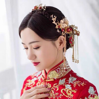 Lingchuan chinese style bridal xiuhe headdress, simple and elegant red tassels, walking phoenix crown, wedding hair accessories, xiuhe clothing accessories, ear hook style
