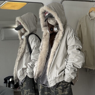 Oemg mountain carving cotton clothes men's autumn and winter american retro hooded trendy brand high street short design sensational jacket thick jacket light gray xl recommended 110-130jin jin equals 0.5 kg