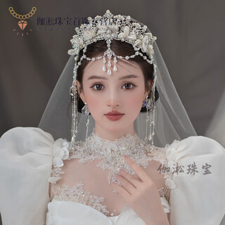 Fang jinxiang crown tiara bride's handmade pearl tassel forehead ornament eyebrow center pendant main yarn shape wedding dress photo studio crown + ear clip