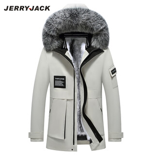 Jerryjack men's parka with full mink fur lining and removable fur one-piece winter warm coat, fashionable men's coat, off-white + silver fox fur collar + white mink lining m/170