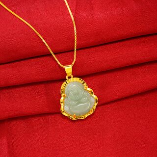 Jianyingsi 9999 gold color jade buddha necklace gold plated clavicle chain for female couple gold inlaid jade maitreya buddha jade pendant simulation 18k plated maitreya jade buddha light green + necklace
