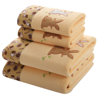 Shantou lincun bath towel towels are more absorbent than pure cotton for adults, men and women, face wash household quick-drying three-piece swimming set, lint-free, khaki cute rabbit set (1 bath towel + 1 towel) 70x140cm