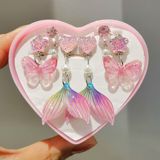 Rong xia cute children's ear clips without piercing girls earrings mermaid little girls ear clip ring set cross-border new colorful pink (small box)