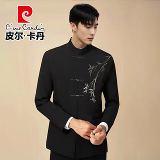 Pierre cardin new chinese bamboo embroidery suit men's groom wedding engagement stand collar banquet dress suit knitted black two-piece set top + pants l
