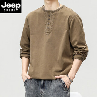 Jeep spirit american retro round neck long-sleeved t-shirt men's spring and autumn heavyweight cotton sweatshirt loose trendy brand henry collar bottoming shirt mocha brown 2xl suitable for 160-180jin jin equals 0.5 kg