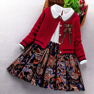 Little bear elf (xiaoxiongjingling) girls fashion sweater dress autumn and winter children's fashionable princess dress medium and big children suit skirt little girls knitted burgundy no velvet (sweater cardigan dress corsage) size 150 (recommended height 140-150 cm)