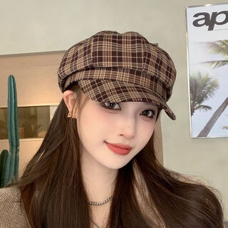Retro plaid octagonal hat painter beret hat female fashion internet celebrity versatile face little british spring and autumn peaked hat coffee color
