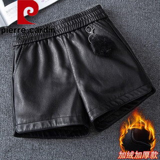 Pierre cardin leather shorts with boots for women 2024 new spring and autumn style high-waisted small a-line outer wear pu leather pants winter boot pants 9916# black (plus velvet) 27/m