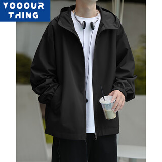 Yooourthing2024 autumn and winter hooded jacket thin casual jacket loose versatile ins trendy cardigan jacket men black xl recommended 110-140jin jin is equal to 0.5 kg
