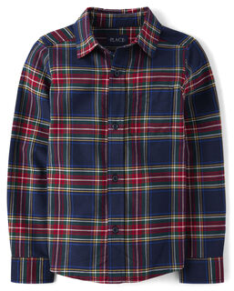 The children's place boys' long-sleeved shirt, pure cotton, casual and versatile, two-pocket design tidal plaid small