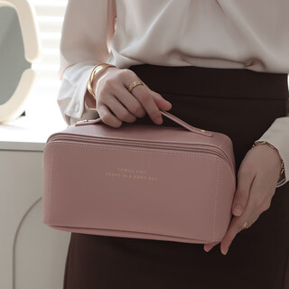 Tomill cosmetic bag women's portable business travel toiletries bag large capacity cosmetic storage bag waterproof leather storage bag organ-rose pink