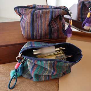 Miucatch colorful striped tassel hand carrying ethnic style fabric zipper cosmetic bag girls travel storage bag niche design colorful tassel-green 1 pc