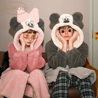 Gukoo couple pajamas winter plush women's home clothes warm hooded cartoon pajamas men mickey light gray pajamas 2xl