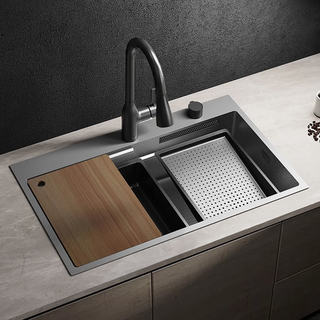 Jomoo 06293 large sink rainfall waterfall washing and cutting integrated antibacterial household kitchen sink store same style 06293-bz (natural color)