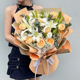 Eswina flower express rose lily mixed bouquet birthday gift nationwide delivery 11 champagne roses + 11 white lilies bouquet