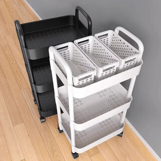 Kunfeng trolley storage rack multi-layer floor-standing kitchen snack living room storage rack removable bathroom bedroom storage rack 3 layers - white 32*22*67 without hooks with universal wheels + stickers