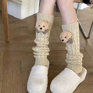 Jie feili's new japanese style cute bear woolen leg covers for girls, pile socks for autumn and winter, warm children's stocking covers, a10 bear doll, khaki color, 1 pair, one size fits all, 40cm