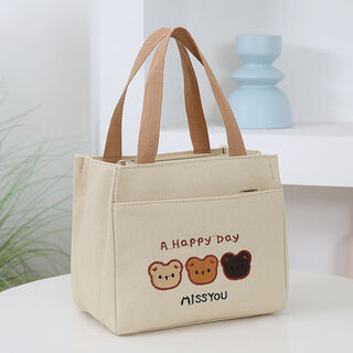 Queen trip chinese valentine's day canvas handbag canvas bag large capacity simple office worker student versatile lunch box mommy work lunch embroidered three bear heads-khaki