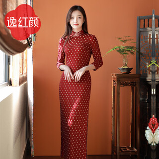 E.beauty fenghua 2025 winter new stretch knitted polka dot old pictorial daily cheongsam women's new year's eve red long style 2xl