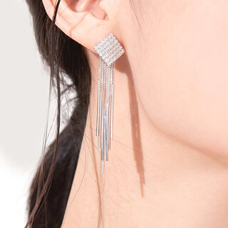 Jiuchangshi 99 sterling silver earrings for women square rhombus shining tassel earrings temperament long birthday gift for girlfriend sparkling diamond rhombus earrings 99 pure silver