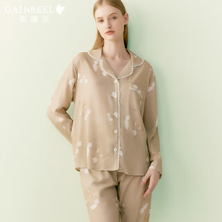 Gainreel pajamas men's couples long sleeve long pants cardigan women's casual loose homewear suit two-piece women's clothing-milk coffee print 24007hl s