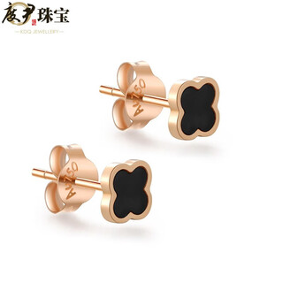 Duyin four-leaf clover earrings 18k gold female color gold rose gold earrings black agate red agate earrings au750 small earrings 18k rose gold (black agate)
