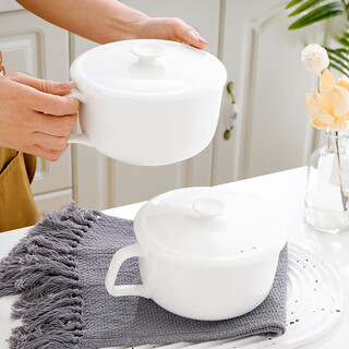 Purjade tangshan bone china 6-inch instant noodle bowl with handle, household covered bowl, special bowl for canteen, breakfast bowl, ceramic lunch box, pure white 6-inch bone china instant noodle bowl with cover