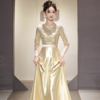 Li baixin champagne color choir dress performance evening dress female host adult conductor uniform stage competition performance clothing champagne color l recommended 100-110jin jin equals 0.5 kg