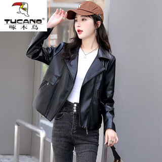 Woodpecker (tucano) haining sheepskin leather jacket women's short loose 2025 spring and autumn new slim leather jacket casual jacket women's black l 115-125jin jin is equal to 0.5 kg