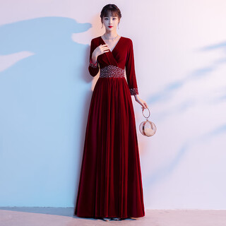 Su lai chinese wedding hostess costume long-sleeved long skirt stage conductor dress gold velvet annual meeting red song recitation suit 113 burgundy 4xl