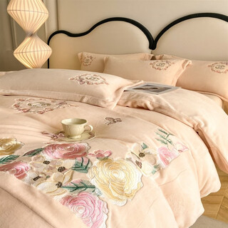 Mercury series home textiles light luxury milk velvet embroidery four-piece set new double-sided thickened warm quilt cover autumn and winter plus velvet bed quilt cover sheet champagne color 1.8 sheet style four-piece quilt set with 2.0*2.3
