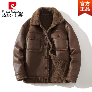 Коричневая замшевая куртка pierre cardin, мужская цельная меховая куртка плюс бархатная утолщенная куртка из овечьей шерсти, модная мотоциклетная кожаная куртка большого размера, коричневая l (легкий деловой)