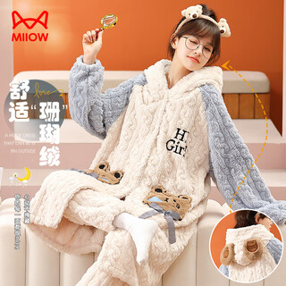 Catman coral fleece hooded nightgown women's pajamas women's winter thickened home clothes cute bear pajamas