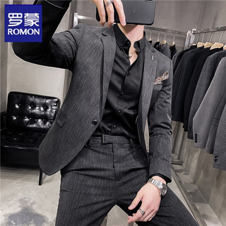 Luo meng summer thin handsome striped small suit men's suit korean slim casual suit jacket groom wedding dress striped dark gray one piece suit s