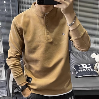 Kuraishi kazuki trendy american henry collar long-sleeved t-shirt for men 2025 new spring and autumn high-quality handsome casual bottoming sweatshirt mustard yellow xl