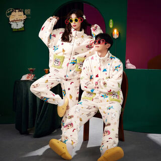 Gongdie crayon shin-chan joint autumn and winter pajamas for women, thickened couple style coral velvet pajamas, home clothes for men, crayon shin-chan suit for men (apricot plush) 2xl (recommended 140-160jin jin equals 0.5kg)