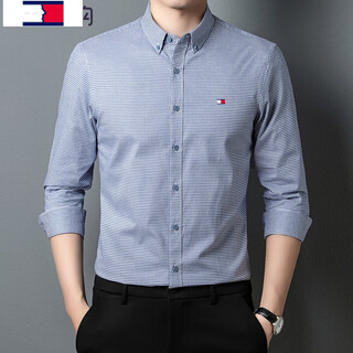 TOME BORNEKTomm汤米长袖衬衫男春秋季商务休闲千鸟格子纯棉免烫衬衣 蓝细格 175/L130-140斤