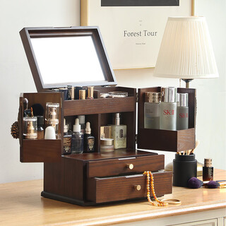 Sailotou cosmetics storage box dust-proof with mirror integrated wooden desktop dresser large capacity product storage rack large pine cone cosmetic box