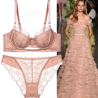 Victoria's rainbow plus size sexy underwear lace thin mold cup underwear anti-sagging comfortable push-up bra slimming hollow bra set pink 75b comes with m size underwear by default
