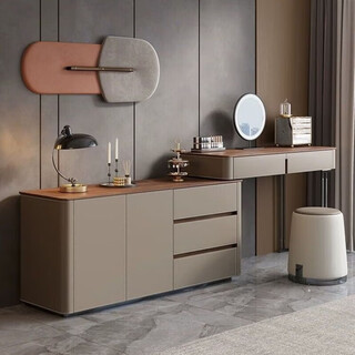 2025 minimalist saddle leather dressing table bedroom bed end storage cabinet integrated retractable tv cabinet dressing table desk 1 meter dressing table (comes with matching mirror + stool)
