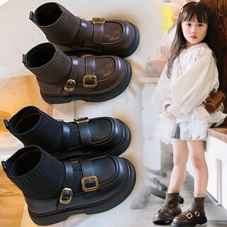 Vinoa girls' sock boots martin short boots autumn and winter new children's sock boots small leather shoes fashionable little girls' shoes black leather shoes main image model 27 inner length 17.0cm